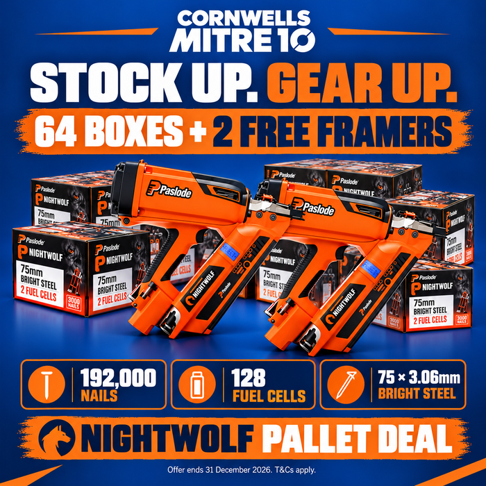 Paslode NightWolf 75mm Nail Pallet – 64 Boxes + Claim 2 FREE Framers (Redemption)
